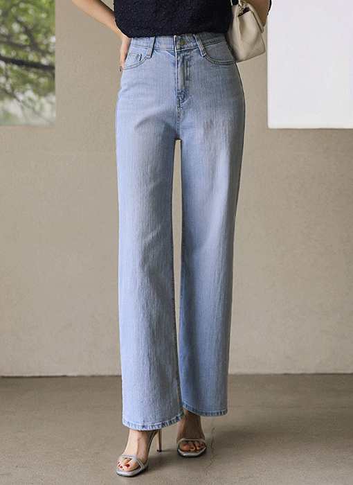 (55-77) 스트레이트 세미 와이드 히든밴딩 세로 슬랍 연청 데님 팬츠
